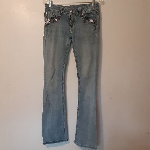 Miss Me Jeans Boot Cut Womens 29 Distressed Rhinestone Thick Stitch - Picture 1 of 13